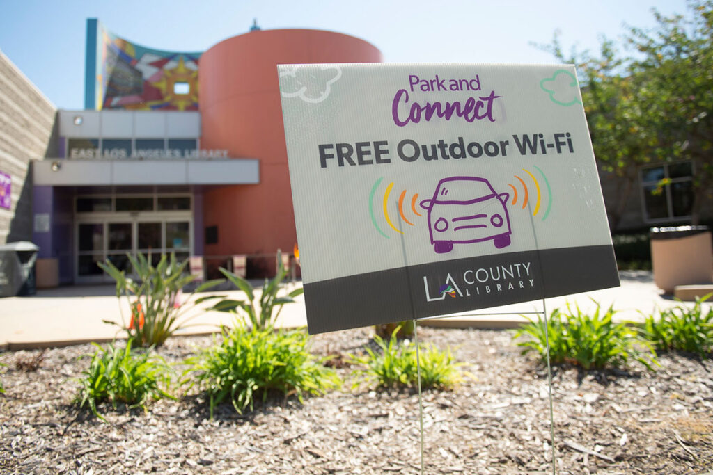 Park & Connect sign in front of a library location